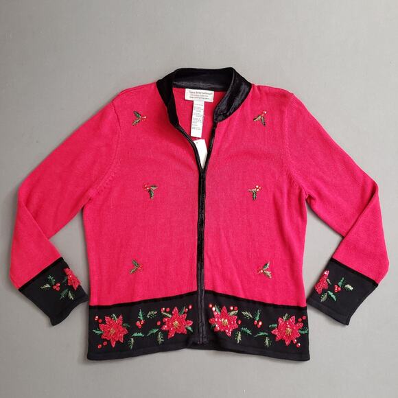 Tiara International Christmas Cardigan‎ Large Festive Red Poinsettia Embroidery - Picture 1 of 13